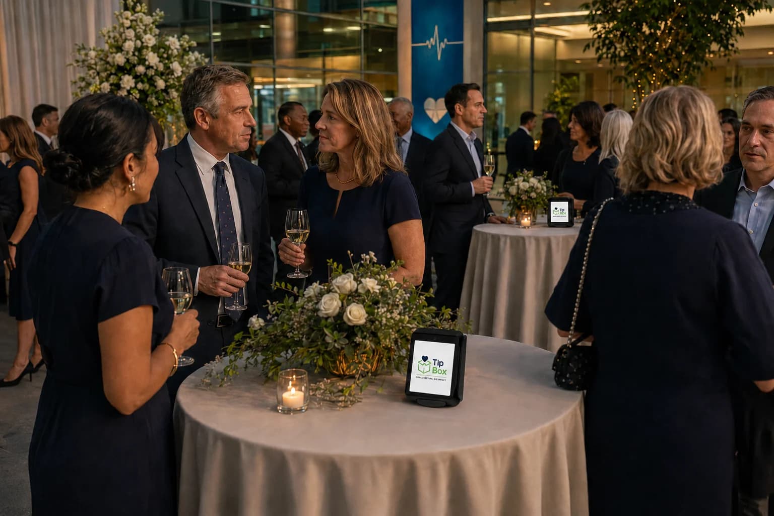 Tip Box terminals on the cocktail tables at an evening fundraising gala