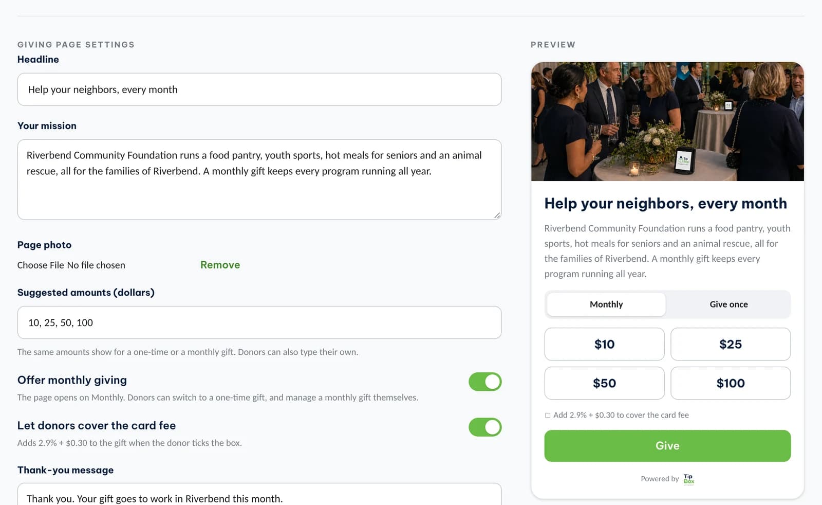 The giving page editor in the Tip Box dashboard: headline, mission, photo, suggested amounts and monthly giving on the left, a live preview of the page on the right