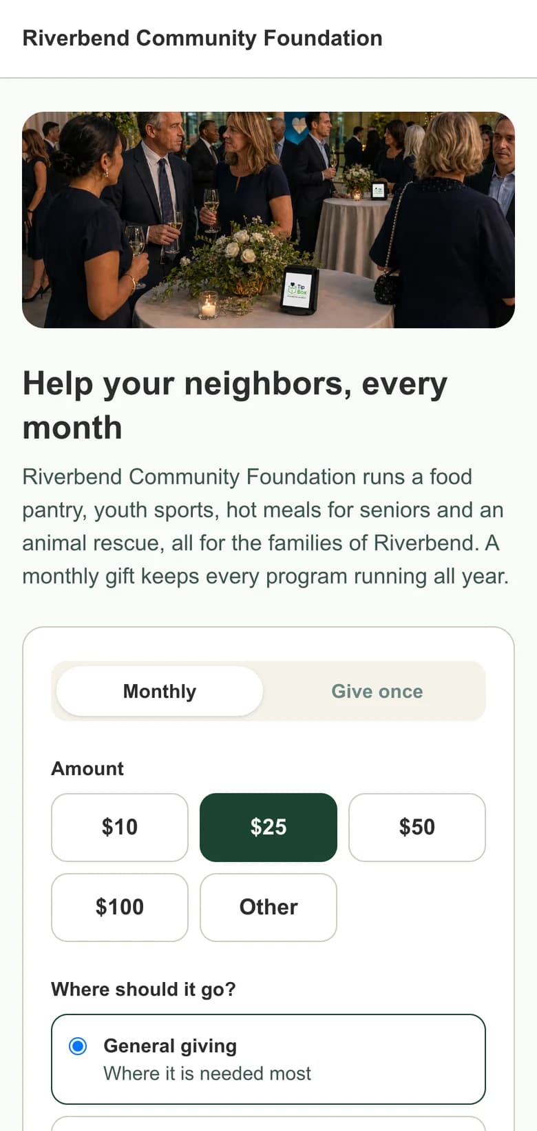 A Tip Box Giving page for a sample community foundation, set to a monthly gift of $25, with its programs to choose from