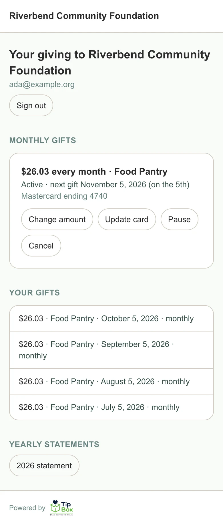 A donor's own page: a $26.03 monthly gift to the Food Pantry with buttons to change the amount, update the card, pause or cancel, then the gift history and a yearly statement