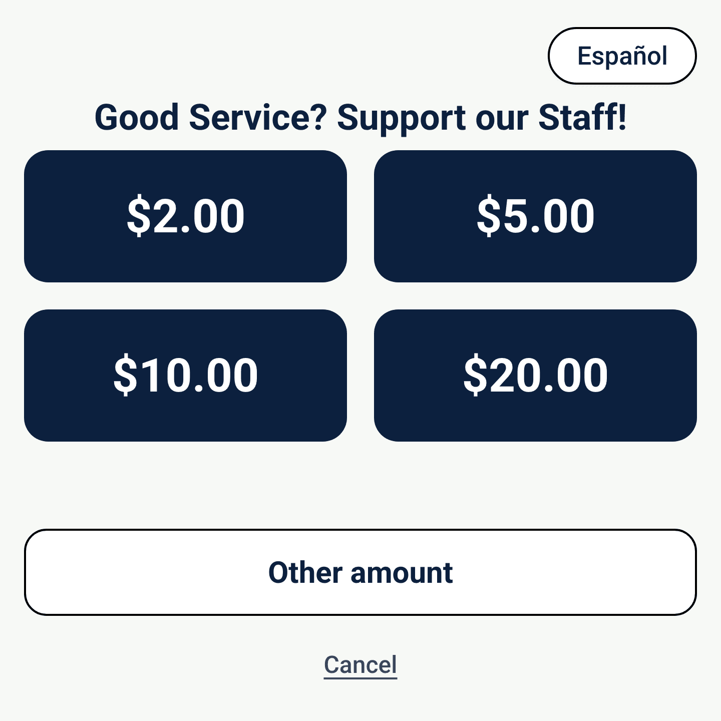 The Tip Box amount screen showing $2, $5, $10, $20 and an other amount option